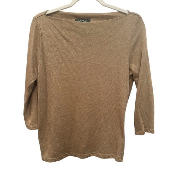 Lauren Ralph Lauren Tops - Lauren Ralph Lauren Shimmering Metallic Gold Blouse Stretchy Holidays Party Sz L